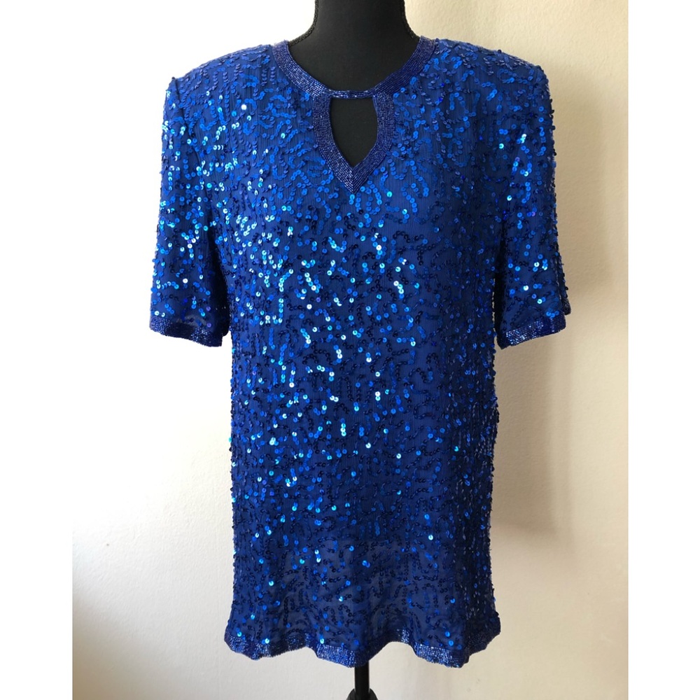 Vintage '80s Joseph Le Bon Royal Blue Sequined & Beaded Tunic Top Cutout L/XL